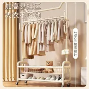 (店+)貓耳可移動衣帽架 雙層置物落地掛衣架 加粗高承重臥室收納掛衣桿附輪子  雙層置物籃收納鞋包