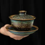 全球選品1館 生活百貨 陶瓷窯變七彩孔雀鎏金建盞茶碗三才蓋碗茶具帶證書禮盒裝輕奢復古