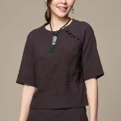 【古典美】03018 刺繡斜襟抽皺上衣(茶禪服/中國風/國服/漢服/手染服/棉麻/亞麻/天然纖維)