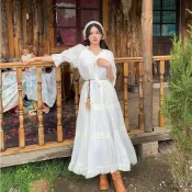 【超仙燈籠袖】民族風洋裝 白色流蘇大擺洋裝 波西米亞風洋裝 女 大理旅遊拍照 麻紗洋裝 重工洋裝 裙