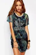ADIDAS 愛迪達 三葉草 ORIGINALS 女深藍網紗附內裏夏威夷風棕櫚樹長版短袖上衣M（衣況請詳內文）