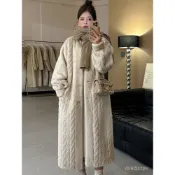 英倫風外套 中長版風衣外套 女裝 防風大衣 環保皮草冬季外套女新款皮毛一體毛毛外套毛茸茸麻花V領大衣8318 HHAZ
