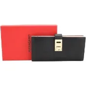 【Salvatore Ferragamo】Hug 馬蹄皮扣帶撞色內裡光滑小牛皮長夾(黑色 皮夾 錢包)