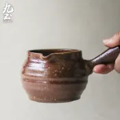 九土日式禪意粗陶手工拉胚公杯日式禪意手工陶瓷公杯分茶器復古側把公道杯勻杯耐熱功夫茶具配件茶海泡茶具仿古茶具GBR0037