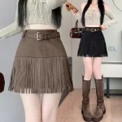 設計感流蘇鹿皮絨半身裙 高腰 顯瘦 顯腿長 a字裙 包臀裙 超短裙 格紋裙 窄裙 褲裙 咖色短裙 女裝