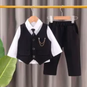 【兔巴叮童裝】男童小西裝套裝2025春秋款3-4嵗兒童帥氣禮服寶寶時尚馬甲三件套花童套裝洋氣短袖西裝禮服開學畢業演出服