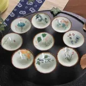  5Cgo【快樂窩】 37875417321 手繪彩繪陶瓷品茗杯龍泉青瓷陶瓷茶盞茶杯水杯泡茶杯斗笠杯 九個杯