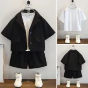 男童西服套裝夏季2024新款花童節日主持人禮服夏裝兒童西裝三件套