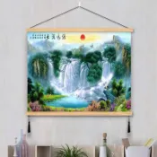 木軸掛軸山水風景掛畫 源遠流長旭日瀑布圖 客廳辦公室中式風水裝飾布掛畫