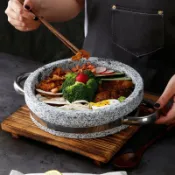全球選品1館 生活百貨 石鍋豆腐菜鍋韓式商用雙耳平底燒烤圓形石板烤肉烤盤石盤