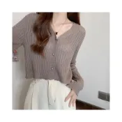 (店+)YAFFA_韓國V領薄款排扣透視感針織毛衣 透視感排扣長袖襯衫 透視感雪紡長袖針織毛衣 軟糯針織長袖上衣 V領針織毛衣 排扣透膚針織