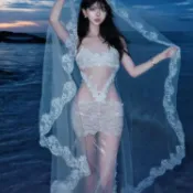 【法式氣質性感透視】海島度假風洋裝 渡假洋裝 渡假風洋裝 歐美辣妹度假重工蕾絲刺繡性感透視魚尾吊帶裙 沙灘比基尼罩衫 背