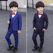 【公司貨】兒童西裝套裝 三件套套裝格子男童小西服秋冬款 花童禮服