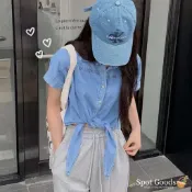 【Spot Goods】綁帶扭結牛仔襯衫 牛仔外套 襯衫 短版上衣 外套 牛仔襯衫 薄外套 防曬外套#80083