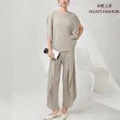 三宅個性褶皺女裝搭配一整套 寬鬆大尺碼蝙蝠袖上衣哈倫褲套裝兩件套