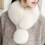 (店+)【Paiya 派亞】現貨自製超真仿皮草圍脖不掉毛保暖圍巾白色狐狸毛毛帶球冬配漢服