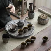 君源優品 茶具組 茶具禮盒 日式茶具 茶杯 茶壺 公道杯 日式粗陶功夫茶具套裝家用陶瓷茶盤復古鎏金辦公室小茶臺茶杯茶壺