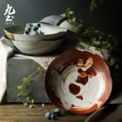九土復古拼色餐盤粗陶日式餐碗盤家用米飯碗麵碗加厚土碗情侶碗涼菜果盤可微波湯碗碗公手工碗料理碗沙拉碗西餐碗CJR0361