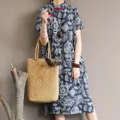 改良版旗袍裙|民族風日系復古中式中國風印花短袖棉麻洋裝長裙藝文寬鬆大尺碼女