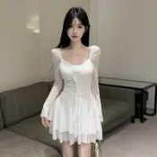 歐美性感低胸網紗大擺長袖打底連衣裙 洋裝 正韓 禮服 連身裙 包臀裙