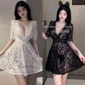 臻選 💕性感辣妹洋裝夜店性感單層透視深v低胸蕾絲辣妹情趣短袖大擺洋裝 配內褲