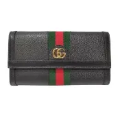 【GUCCI 古馳】719886 經典Ophidia系列金色LOGO皮革拼接綠紅綠織帶信封式翻蓋長夾(黑色)