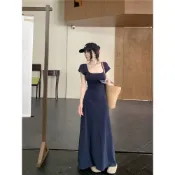 法式洋裝 純色長裙 純欲風中長裙 簡約內搭裙 夏季圓領短袖連衣裙 包臀修身收腰長裙 純色高腰大擺裙