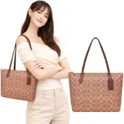 COACH 咖啡棕色大C PVC手提/托特包-中型