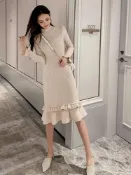 銀聯網日用品生活館 小香風中長款針織連衣裙女秋冬裝年新款網紅過膝毛衣魚尾裙子1入