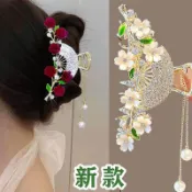 臺灣嚴選陌上花開!金屬花朵扇子抓夾!後腦勺大號盤發鯊魚夾古風漢服配飾