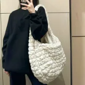 喜挖2店 韓國新款褶皺雲朵包百搭時尚單肩手提餃子包大容量羽絨棉腋下女包