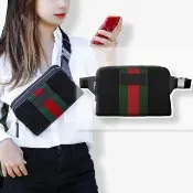 【GUCCI 古馳】630919 經典綠紅綠織帶帆布皮飾邊胸腰包(黑色)