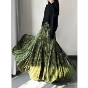 【Monet Studio】長款印花金絲絨國風複古綠色半身裙女秋冬季大擺魚尾裙絲絨長裙子