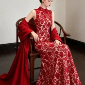 新中式紅色無袖蕾絲魚尾旗袍 敬酒服高級感宴會禮服裙 婚禮洋裝