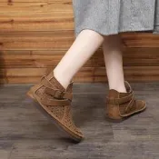 【臺灣現貨】真皮短靴女手工媽媽軟皮軟底孕婦平底復古四季森女靴子2022新款女