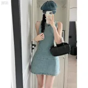 潮妞 韓系水洗復古刺繡牛仔洋裝女夏季新款小個子緊身收腰短版背心裙