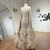 【女神婚紗禮服】高雅輕奢緞布落地飛飛袖波浪魚尾裙擺晚禮服LA72317A米膚色