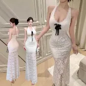 【AS 梨卡】女裝 洋裝 長裙 連身長裙 有胸墊 蕾絲連身裙 魚尾裙 掛脖露背 收腰長裙 KP034