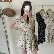 (店+)【Truda Girl】《杜達女孩》夜鶯少女 甜美小個子穿搭 碎花洋裝 渡假洋裝 碎花裙 連身洋裝 短袖洋裝 黑白碎花連身裙 V領洋裝 連身短裙