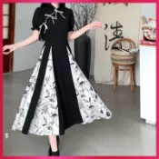 『ATC』洋裝女 新中式國風改良旗袍裙子 夏日大尺碼復古質感印花拼接大擺洋裝