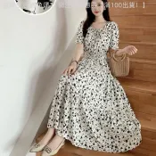 👑連身裙韓國 超仙棉綢洋裝時尚方領大擺碎花長裙波西米亞收腰顯瘦度假沙灘裙