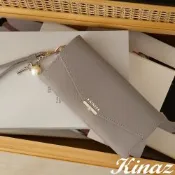 KINAZ 附愛心鑰匙吊飾腕帶珍珠五金信封掀蓋牛皮長夾-暖鉛灰-悄悄信系列