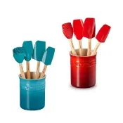 【Le Creuset】瓷器器皿座1L附矽膠鏟具4入組(櫻桃紅/加勒比海藍 2色選1)