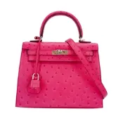 Hermes 愛馬仕 展示品 Kelly 25 鴕鳥皮銀釦手提肩背包(糖果粉)