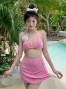 喜挖2店 【喜挖】泳衣女比基尼三件套性感掛脖海邊渡假泡溫泉泳裝2024新款小胸聚攏