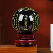 風水擺件 天然黑曜石心經水晶球 辟邪化煞防小人 辦公室擺件護身符（直徑10cm 附底座）
