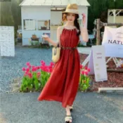 ✨波西米亞貝殼領长连衣裙春夏新款民族風哈变渡假出遊慵懶寬鬆大尺码海邊度假流蘇細肩帶連衣裙過膝長洋裝Sandy法式吊带裙