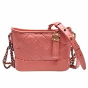 【CHANEL 香奈兒】經典GABRIELLE系列小牛皮金銀雙色鍊帶肩/斜背HOBO包(小-蜜桃粉色91810C-PEACH-GPN-SS)