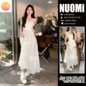 度假长裙 洋裝 法式白色渡假風洋裝  飄逸海边 木耳邊吊帶長裙 設計感大尺碼性感洋装 收腰顯瘦雪纺連身裙 小白裙 吊帶裙