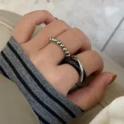 (店+)【EMMA SUE】戒指 復古 時髦 天然石斑點 串珠戒指 虎眼戒指 雙層交錯 黑曜石 男女同款 情侶戒指 玉戒指 交換禮物